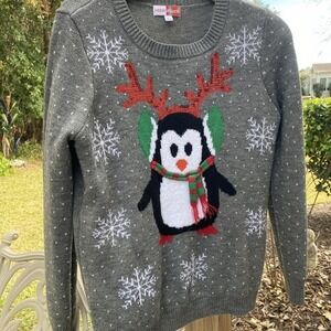 Merry Wear Christmas Sweater Penguin/red Sequin Antlers S Gray‎ 807